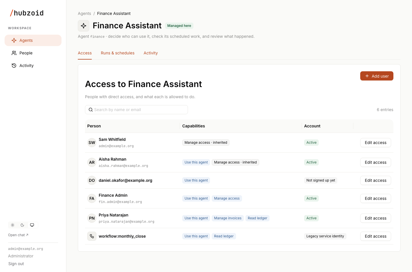 An agent's Access tab listing each person with their capabilities and account status, with Add user above the list