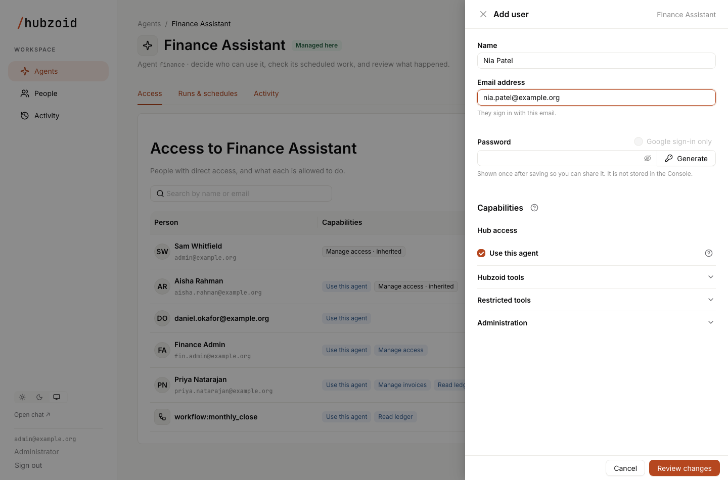 The Add user panel with name, email address, a password with Generate, the Google sign-in only choice and the agent's capability groups