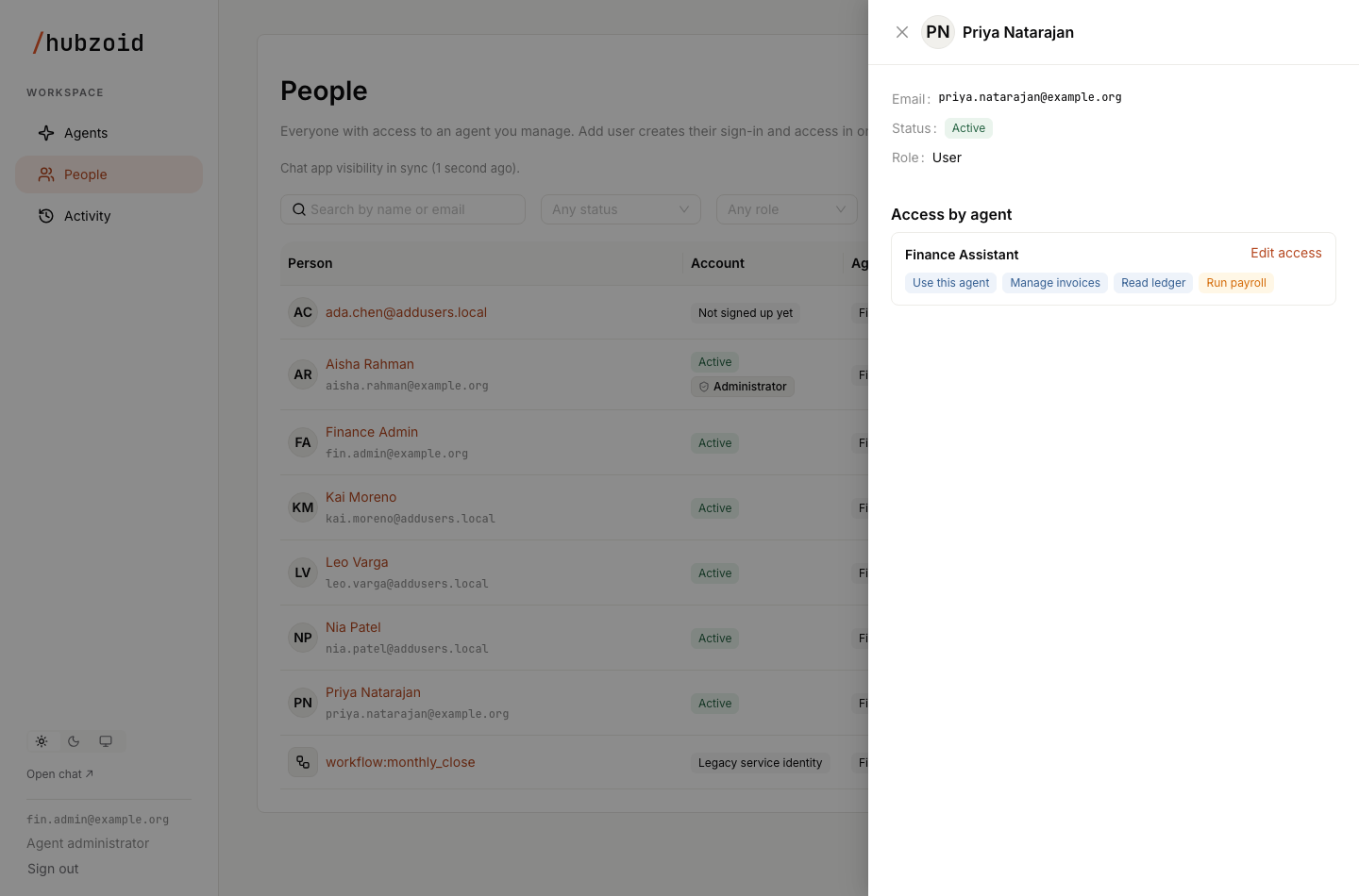 An agent administrator's view of a user's details under People, with the role shown as text and Edit access for the one agent they manage