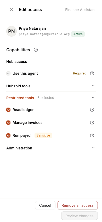 The access editor on a phone, with collapsible capability groups and one capability per row