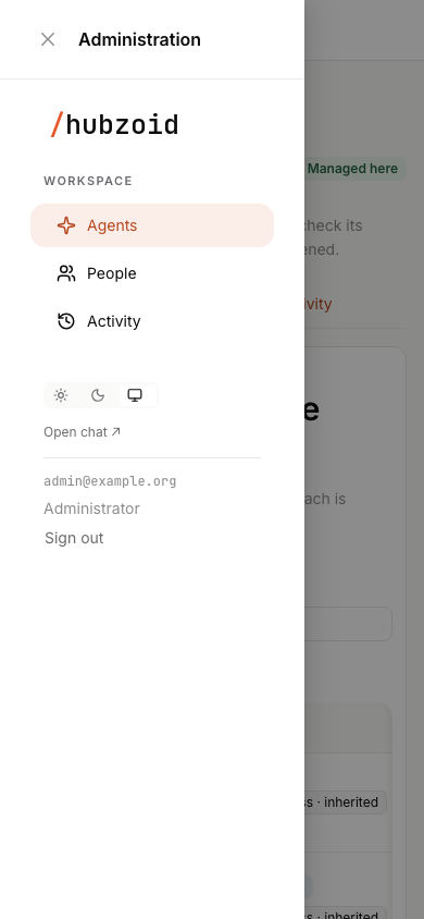 The Console navigation menu opened on a phone, with Agents, People and Activity