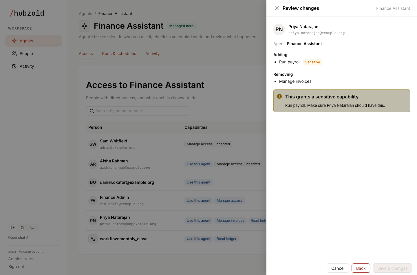 The review step listing the person, the agent and the capabilities being added before saving