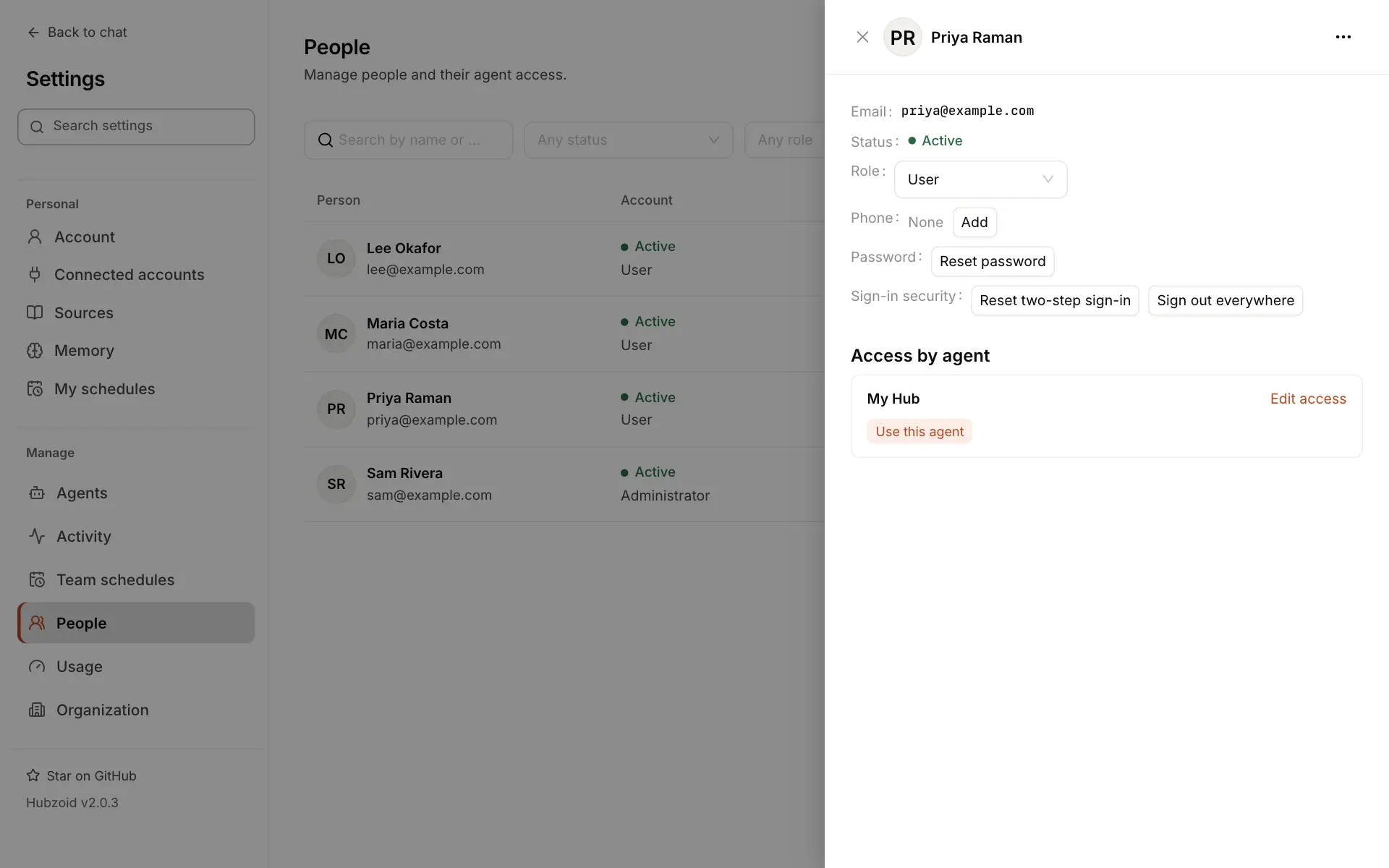 Priya Raman's details: email priya@example.com, status Active, Role User, Phone None with Add, Password with Reset password, Sign-in security with Reset two-step sign-in and Sign out everywhere, and Access by agent showing My Hub with Use this agent and Edit access. A menu sits at the top right.