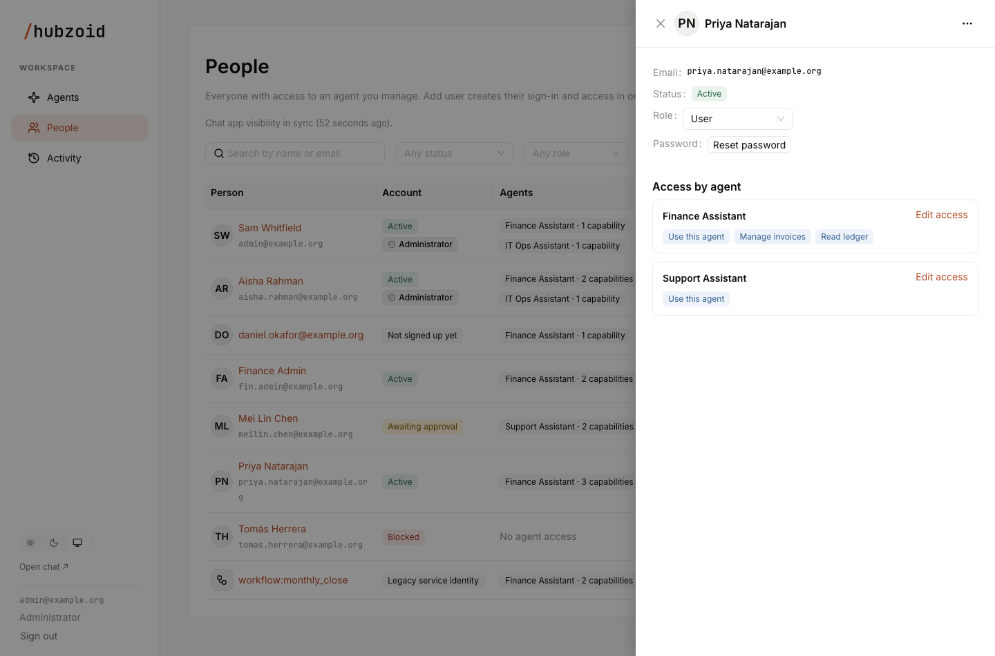 A user's details with their email, status, the Role menu, Reset password and access by agent, with Edit access for each agent and the … menu at the top