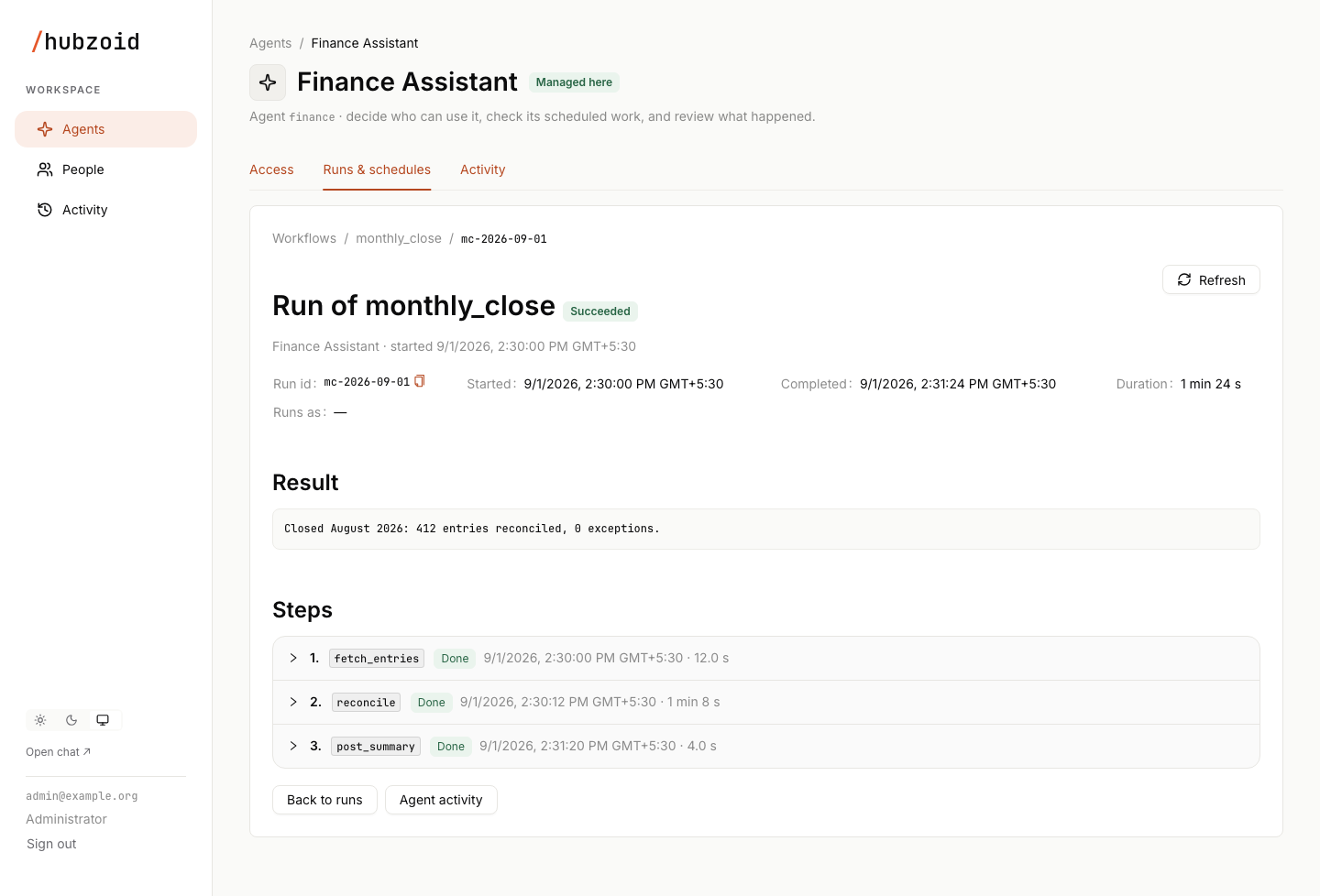 A run's detail page showing its status, timing, the account it ran as, its result and the numbered steps it executed