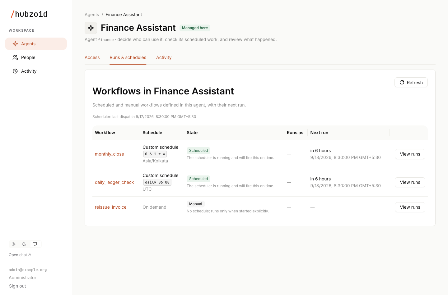 An agent's Runs and schedules tab listing its workflows with their schedule, state, the account they run as and their next run