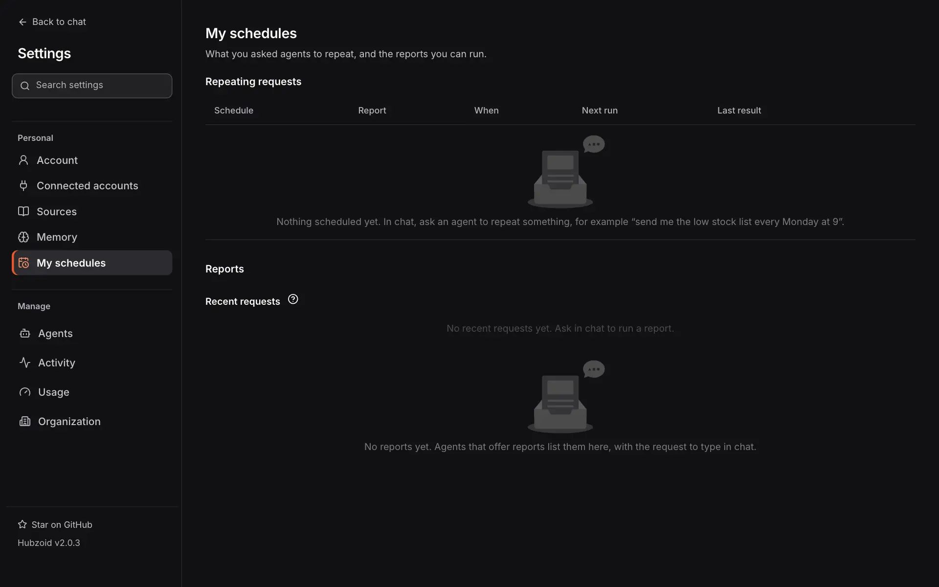 My schedules: What you asked agents to repeat, and the reports you can run. Repeating requests is empty with columns Schedule, Report, When, Next run and Last result, and says Nothing scheduled yet. In chat, ask an agent to repeat something. Below, Reports with Recent requests and no reports yet.