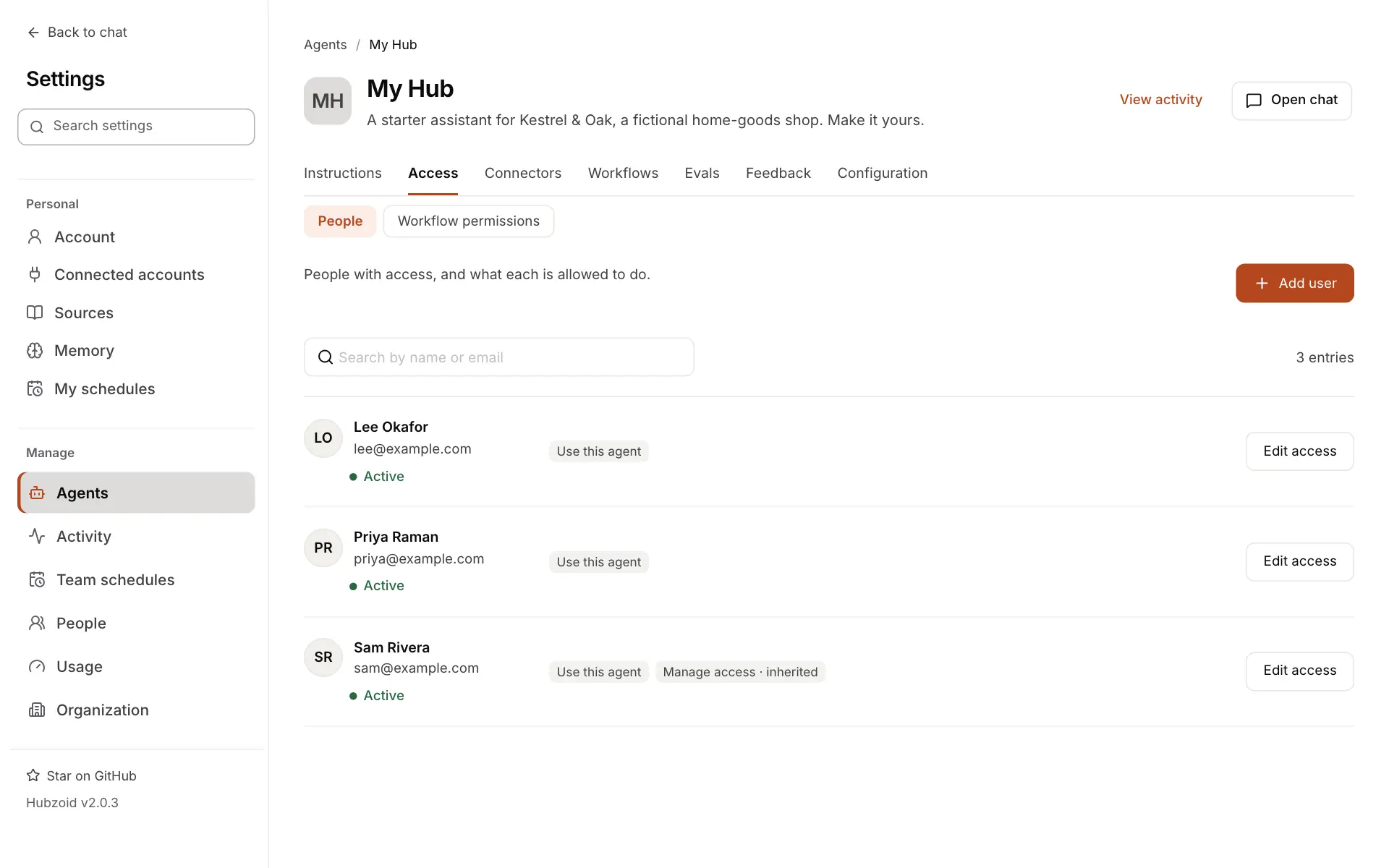 The My Hub agent page in Settings on its Access tab, People part. Tabs Instructions, Access, Connectors, Workflows, Evals, Feedback and Configuration. Lee Okafor and Priya Raman have Use this agent, Sam Rivera has Use this agent and Manage access inherited, all Active, each with Edit access. Add user is at the top right.